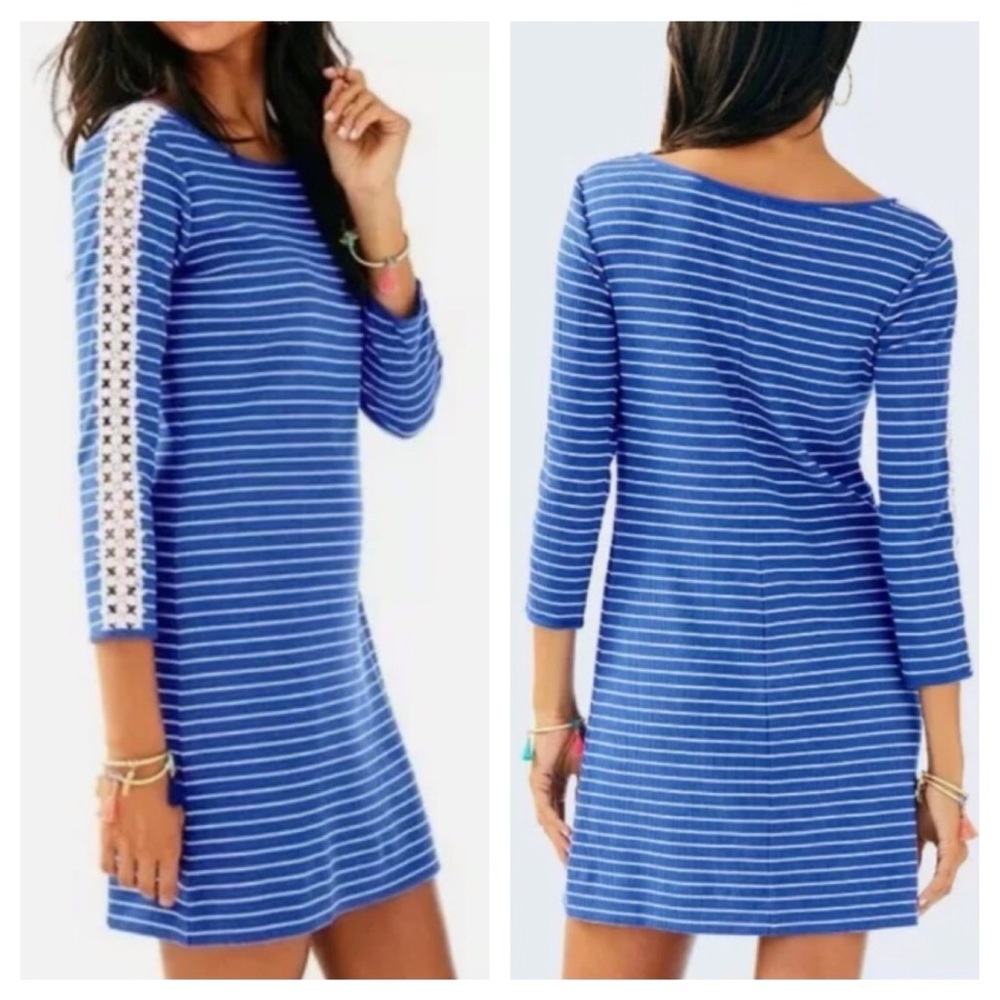 Lilly Pulitzer Marlowe Beckon Breeze Lace Stripe Ribbed Dress Small Blue Coastal